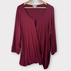 db established 1962 Blouse Scoop Neck Slit Draped Long Sleeve Red 1X